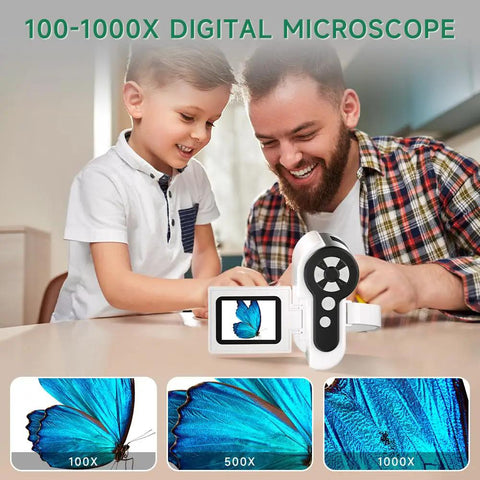 3 In 1 Handheld Microscope With 2 Inch LCD Screen 1000X Zoom For Kids Ages 8 To 12 Portable Mini Scope With LED Light Includes 32GB Card And 5 Sample Slides Awesome Halloween Christmas Birthday Gift, 2-inch LCD display