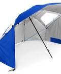 Blue 8-foot UPF 50 Plus Go-To Sun and Rain Canopy Umbrella for beach, sports, and camping with side flaps and steel ribs.