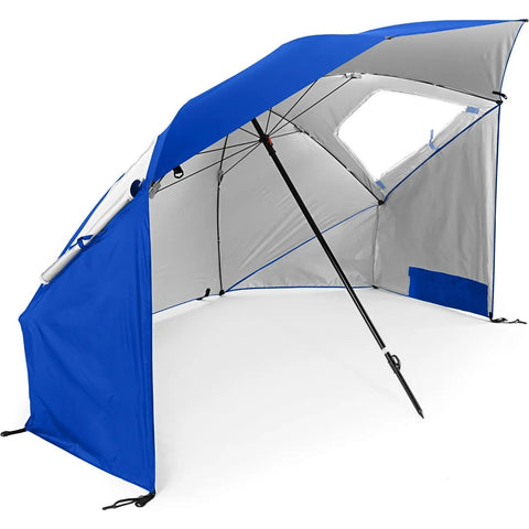 Blue 8-foot UPF 50 Plus Go-To Sun and Rain Canopy Umbrella for beach, sports, and camping with side flaps and steel ribs.