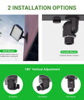 Two Pack 80W Outdoor LED Flood Light With Dusk To Dawn Photocell installation options and knuckle mount close-ups