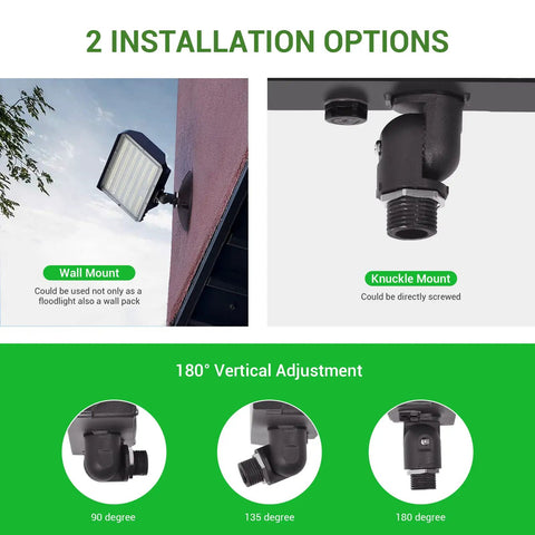Two Pack 80W Outdoor LED Flood Light With Dusk To Dawn Photocell installation options and knuckle mount close-ups