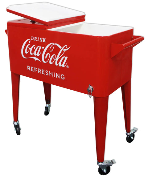 Coca Cola 80 Quart Rolling Cooler With Insulated Liner Holds Over 100 Cans With Ice Four Casters Two Locking Built In Bottle Opener And Cap Catcher Retro Metal Outdoor Patio Party Cooler
