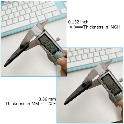 Digital caliper measuring thickness of 8 Sets 2020 Aluminum T Slot Corner Brackets For 20 By 20 20mm Extrusion, showing 0.152 inch and 3.86 mm