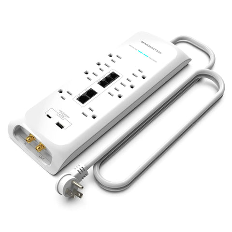 Heavy Duty Surge Protector With 4050 Joules Rating, 8 Outlets, USB A And USB C Quick Charge, 2 Coax Ports, 5 Ethernet Ports, White