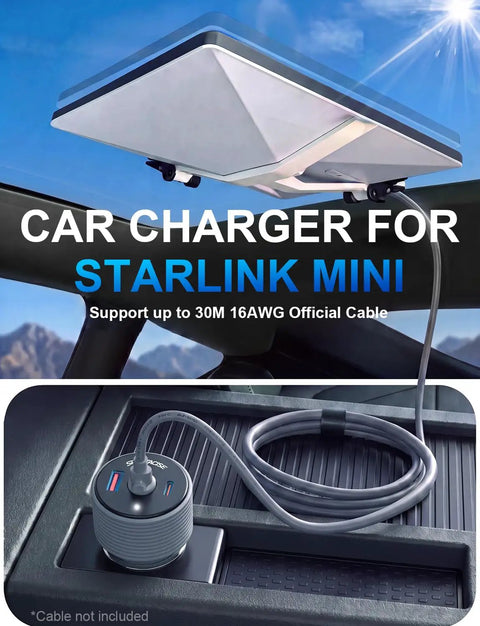 Starlink Mini Car Adapter With 60W Power Converter And Dual USB Ports For 12 To 24 Volt Vehicle Sockets, showing the car charger installation.