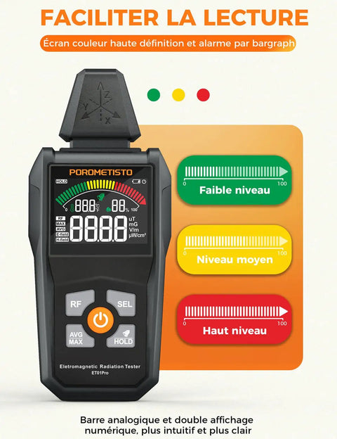 5-In-1 EMF Meter Radiation Detector With Temperature And Humidity, Detects RF EF MF Across 30MHz-8GHz And 40Hz-100kHz, Great For Home Office, DIY And Wireless Signal Tracking; front view