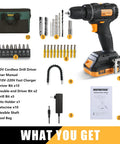 Your Go To Cordless Brushless Drill Kit 20V With 2Ah Battery And Charger, Three Eighths Inch Keyless Chuck, accessories, tool bag