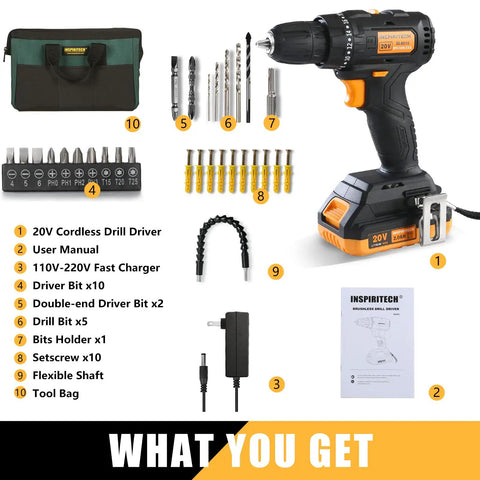Your Go To Cordless Brushless Drill Kit 20V With 2Ah Battery And Charger, Three Eighths Inch Keyless Chuck, accessories, tool bag