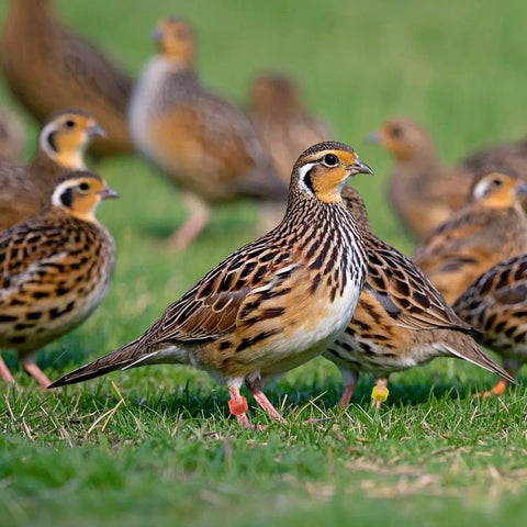 Flock of birds wearing Durable 8mm Pigeon Leg Bands Set of 120, Numbered Clip On Bird Leg Bands for ID and tracking in a grassy field.