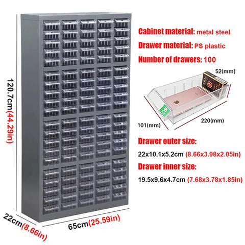 Solid Build Cold Rolled Steel Parts Cabinet With One Hundred Easy Pull Clear Plastic Drawers For Nuts Bolts Screws Hardware And Home Garage Workshop Organization Solutions, 120.7cm high and 65cm wide.