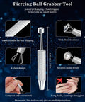 Piercing ball grabber tool with 316L stainless steel, mesh handle, and 4-claw design securing jewelry, shown in multiple views.