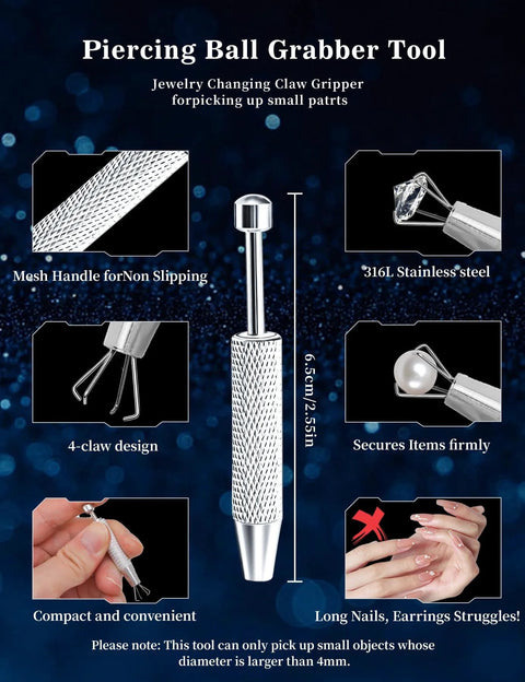 Piercing ball grabber tool with 316L stainless steel, mesh handle, and 4-claw design securing jewelry, shown in multiple views.