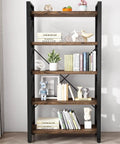 5 Tier Rustic Solid Wood Bookshelf With Industrial Metal Frame, Vintage Brown Home Office Bookcase with decor and books