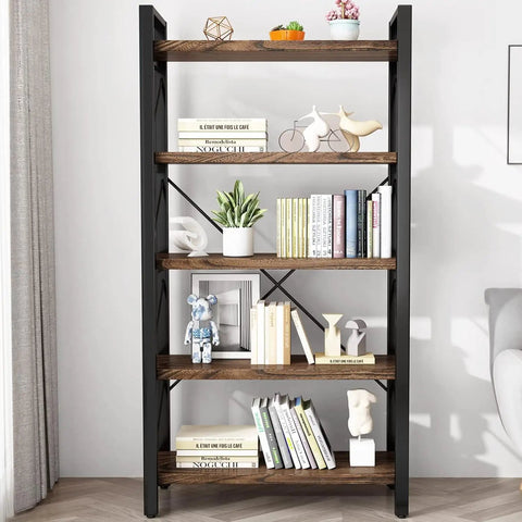 5 Tier Rustic Solid Wood Bookshelf With Industrial Metal Frame, Vintage Brown Home Office Bookcase with decor and books