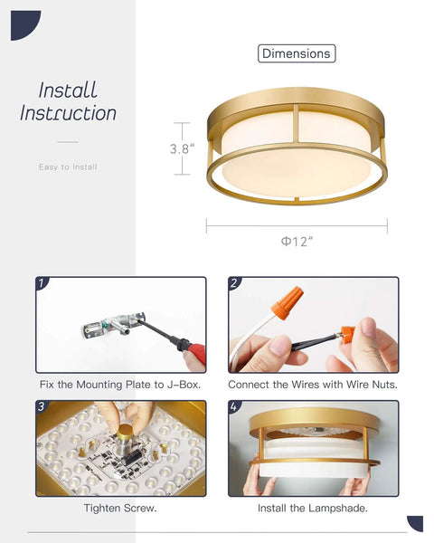 Install instructions for Lit Gold Finish LED Ceiling Light Fixture 12 Inch Flush Mount 24W 950 Lumens Dimmable 3000K