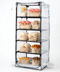 Indoor Mushroom Grow Tent Kit With Sturdy Racks For Trays And Fruiting Blocks, transparent PVC cover, showcasing mushrooms