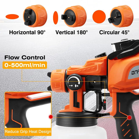 Close-up of Powerful 800W HVLP Electric Paint Sprayer with nozzle angles and flow control for DIY home projects.