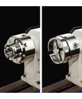 DEEFIINE 4-inch wood lathe chuck, nickel-plated 4-jaw self-centering; with 1x8 tpi and 3/4x16 tpi adapters, two views.