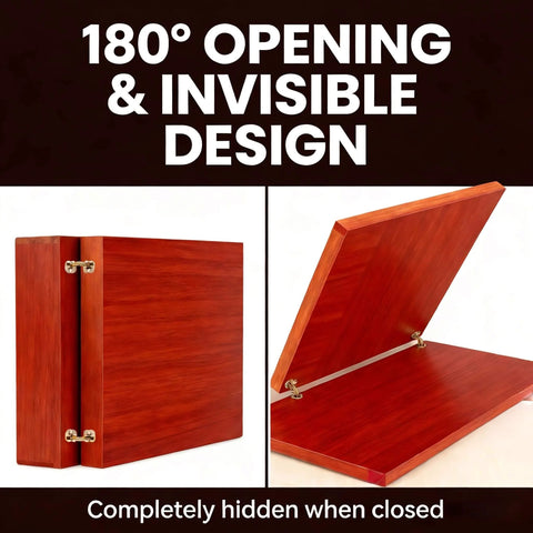 180 degree concealed small hinges installed on a wooden box, showcasing 8 Pcs 8mm Solid Brass Hidden Barrel Hinges with matching drill bit and screws.
