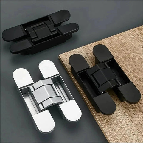 Pair Of Heavy Duty Hidden Door Hinges For Wood Cabinets Adjustable Black Folding Hardware Built Tough Eighty Kilogram Bearing Capacity With Sleek Concealed Finish displayed in black and silver options on wood.