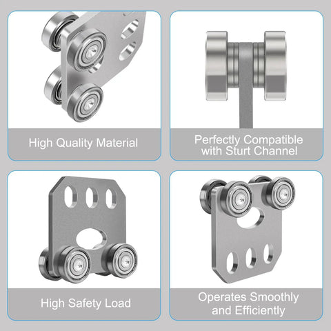 Two Pack Silent Four Wheel Beam Trolleys for Heavy Duty Hoist Installations fits 1-5/8 inch or taller strut channel