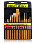12 Piece Punch And Chisel Set Beefy Heavy Duty Heat Treated Metal Punches Including Cold Chisel Taper Punch Pin Punch Center Punch For Mechanics Woodworking Stone Carving With Storage Case 40Cr Steel Anti Rust Finish in case
