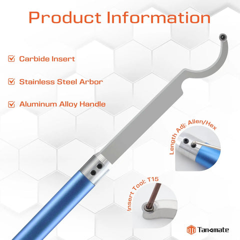 Pro Grade Swan Neck Hollowing Tool for Wood Lathe with carbide tipped bit, stainless steel arbor, and aluminum alloy handle details