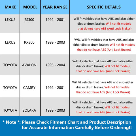 Fitment chart for Rear Wheel Hub Bearing Assembly Pair For Toyota Avalon Camry Solara ES300 RX300 FWD 1992-2004 Models