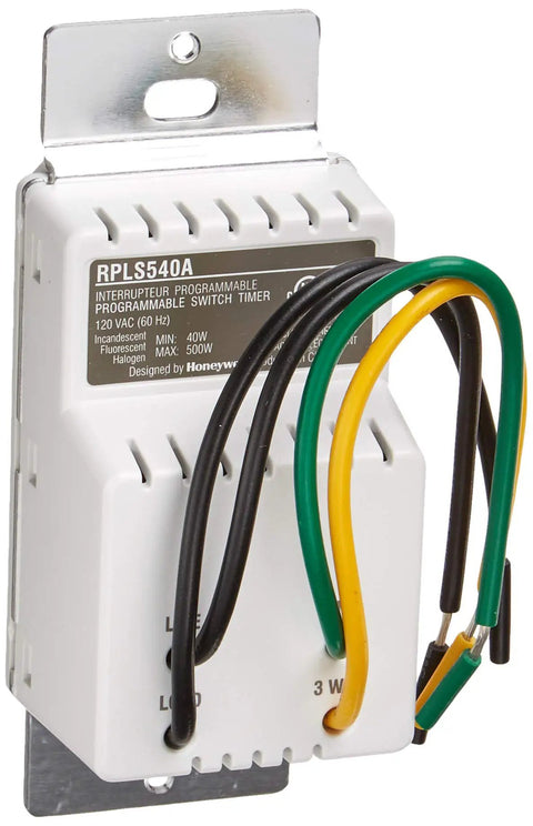 Programmable Timer Switch for incandescent and halogen lighting with 40 to 500 watts, showing wiring connections