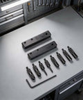 For Digital Caliper Accessories, for Internal External Groove with two clamps and multiple precision heads on a workbench.