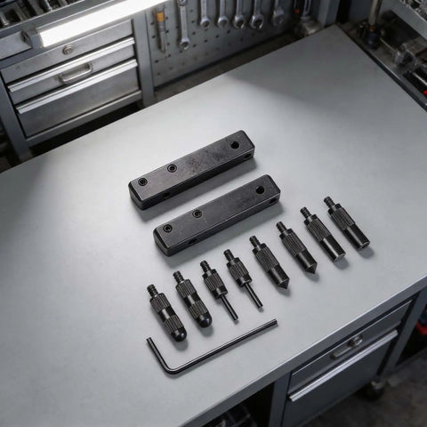 For Digital Caliper Accessories, for Internal External Groove with two clamps and multiple precision heads on a workbench.