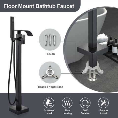 Matte Black Free Standing Tub Faucet With Hand Shower Floor Mounted Brass Tub Filler For Modern Bathrooms, installation parts shown