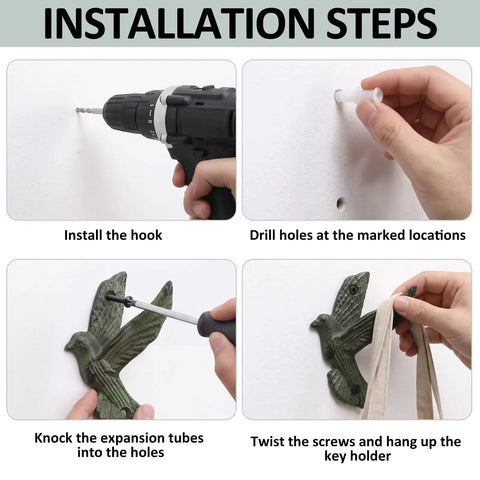 Installation steps for Set Of Six Slick Flying Bird Cast Iron Wall Hooks Featuring Hella Distressed Rustic Finish decorative hooks.