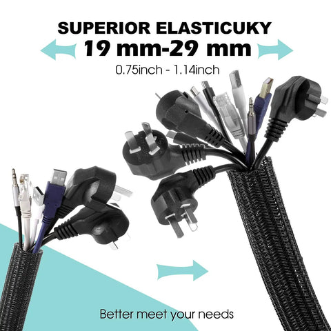 2 Pack 5 Foot Cable Sleeve For Desk Cord Management And Wire Hider Tubing with multiple cables in black flexible cover