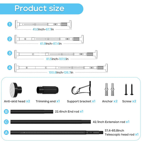 Diagram of Two Pack Tension Curtain Rods 41 To 126 Inches Adjustable No Drilling Easy Install Outdoor Black Curtain Rods with components