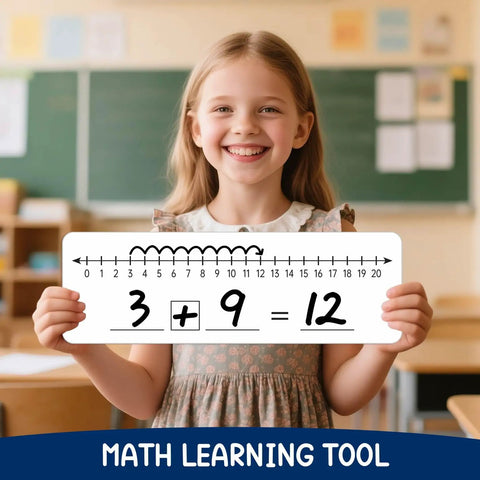 Girl holding Number Line Dry Erase Boards Set Double Sided Writable And Erasable 0 To 10 On One Side And 0 To 20 On The Other.