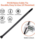 Heavy Duty Zip Ties 200 Lb 36 Inch Extra Long Cable Ties with UV resistant nylon, wide 0.35 inch, shown with caliper measurement.