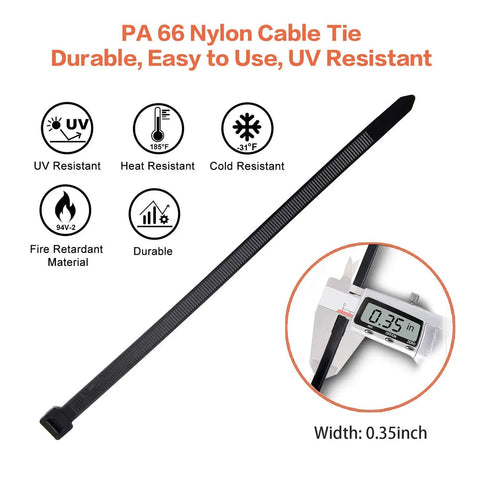 Heavy Duty Zip Ties 200 Lb 36 Inch Extra Long Cable Ties with UV resistant nylon, wide 0.35 inch, shown with caliper measurement.