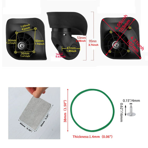 Dual Pack Swivel Replacement Suitcase Wheels Heavy Duty Luggage Casters For Ultra Smooth Rolling Travel Gear Fix Quick Snap Dual Side Caster Set, detailed dimensions and parts shown.