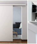 Concealed Sliding Door Hardware Kit For A Single Door With Quiet Ball Bearing Wheels And Slick Soft Close Two Part Floor Guide And Paintable Cover