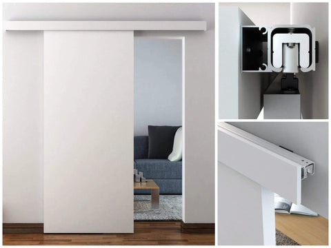 Concealed Sliding Door Hardware Kit For A Single Door With Quiet Ball Bearing Wheels And Slick Soft Close Two Part Floor Guide And Paintable Cover