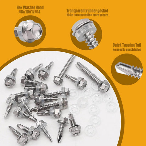 840 Pcs Self Tapping Screws for Metal Kit in 410 Stainless Steel, Heavy Duty Hex Washer Head Self Drilling Screws with Rubber Washer, All In One Assortment in Sizes 8 10 12 14, 420 Sets, K189 shown with screws and washers on display