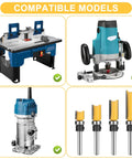 Smooth Operator 4 Piece 1/4 Inch Shank Flush Trim Router Bit Set With Bottom Bearings And Quick Swap Blades displayed with compatible router table and models.