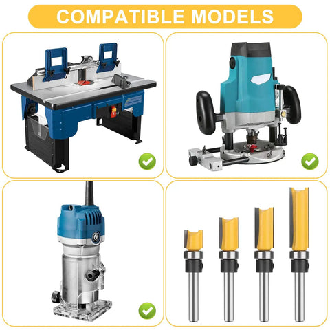 Smooth Operator 4 Piece 1/4 Inch Shank Flush Trim Router Bit Set With Bottom Bearings And Quick Swap Blades displayed with compatible router table and models.