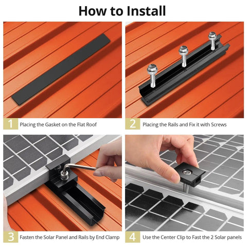Installation steps for Aluminum Solar Panel Mounting Kit With 4.72 Inch Rails, 30mm And 35mm End Clamps Plus Mid Clamp.