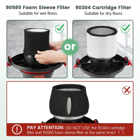 Must Have Replacement Filter Kit For 5 Gallon And Larger Wet Dry Vacuums Compatible With 90304 90350 90333 90585 Cartridges Fits Type U X W Vacuum Models Multi Pack Of Filters For Easy Swaps And Strong Suction, showing foam sleeve and cartridge filter