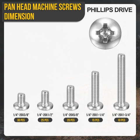 "One Quarter Inch Pan Head Machine Screws Assortment Kit 100 Pieces Stainless Steel Phillips Bolts showing dimensions 1/4 inch"