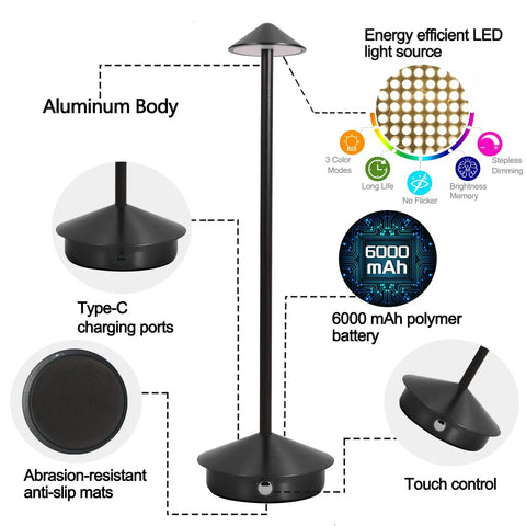 Cordless Table Lamp With 6000mAh Battery, Portable LED Desk Light shown with aluminum body and touch switch, modern triangle design