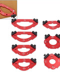 Top Shelf Aluminum Alloy Router Radius Jig Templates Built For Dead On Corner Cutting And Flawless Arc Routing On Woodwork Builds Comes With Seven Sized Guides, showing seven red aluminum templates.