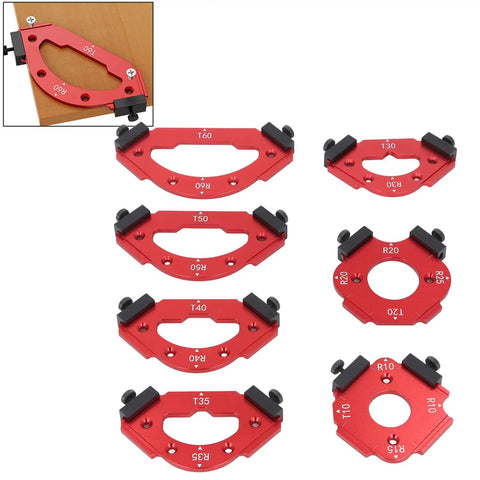 Top Shelf Aluminum Alloy Router Radius Jig Templates Built For Dead On Corner Cutting And Flawless Arc Routing On Woodwork Builds Comes With Seven Sized Guides, showing seven red aluminum templates.